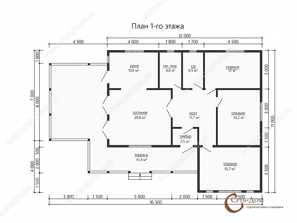 Планы проект дома из бруса 11x16,5. План 1-го этажа