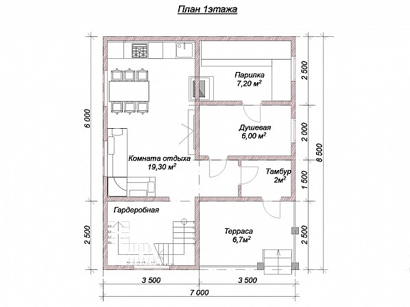 Планы проект дома из бруса 7x8,5. План 1-го этажа
