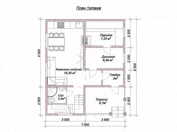 Планы проект дома из бруса 8,5x7. План 1-го этажа