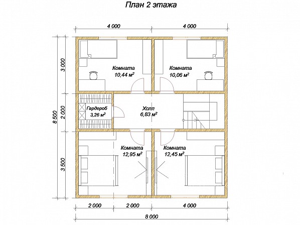 Планы проект дома из бруса 8,5x7. План 2-го этажа 