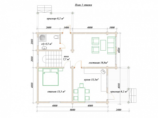 Планы проект деревянного дома 8x10. План 1-го этажа