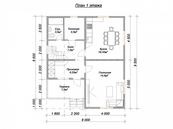 Планы проект дома из бруса 8x9,5. План 1-го этажа