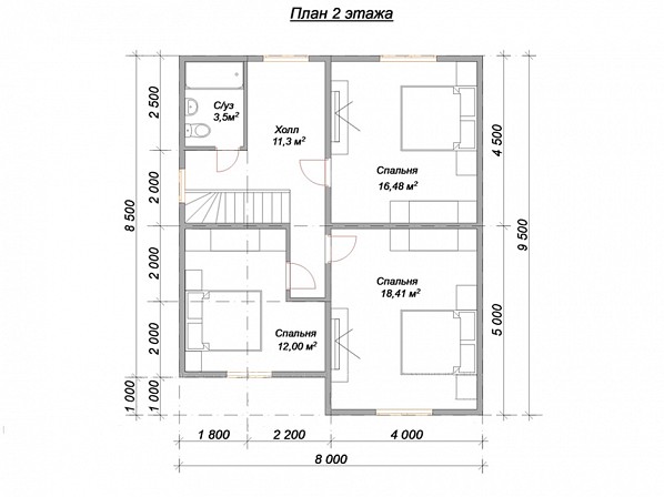 Планы проект дома из бруса 8x9,5. План 2-го этажа 