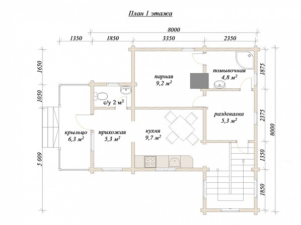 Планы проект дома из бруса 9,5x8. План 1-го этажа