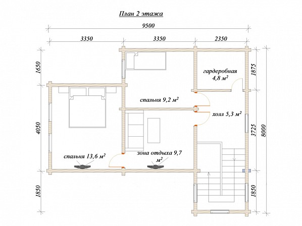 Планы проект дома из бруса 9,5x8. План 2-го этажа 