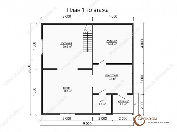 Планы проект дома из бруса 9x9. План 1-го этажа