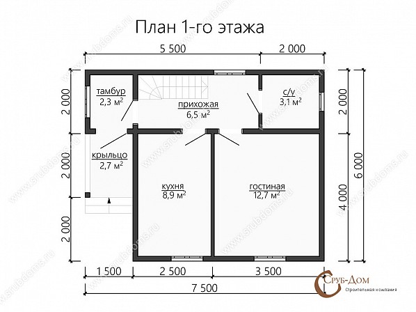 Планы проект дома из бруса 6x7,5. План 1-го этажа