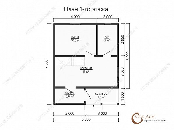 Планы проект брусового дома 6x7,5. План 1-го этажа
