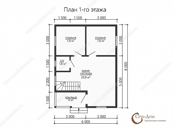 Планы проект загородного дома 8x6. План 1-го этажа