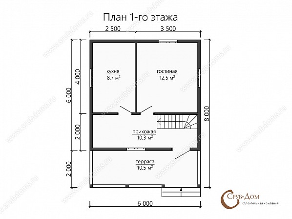 Планы проект дома из бруса 8x6. План 1-го этажа