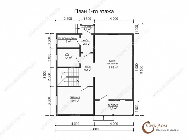 Планы проект дома из бруса 8x8,5. План 1-го этажа