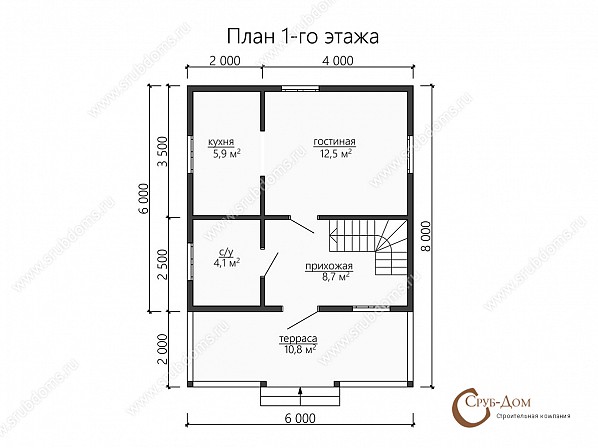 Планы проект дома из бруса 6x8. План 1-го этажа