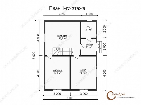 Планы проект дома из бруса 8x6. План 1-го этажа