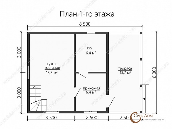 Планы проект брусового дома 6x8,5. План 1-го этажа