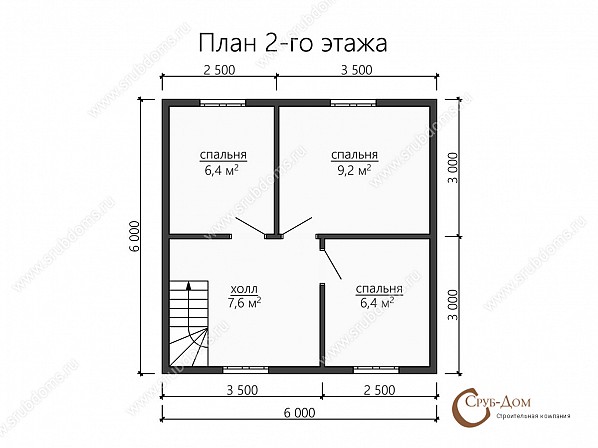 Планы проект брусового дома 6x8,5. План 2-го этажа 