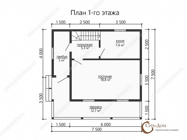 Планы проект деревянного дома 7,5x7,5. План 1-го этажа
